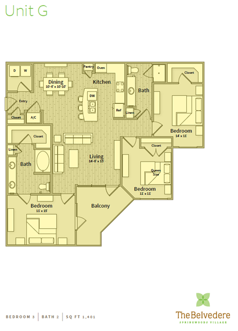 Floor plan for 3 beds, 2 baths, 1401 sqft